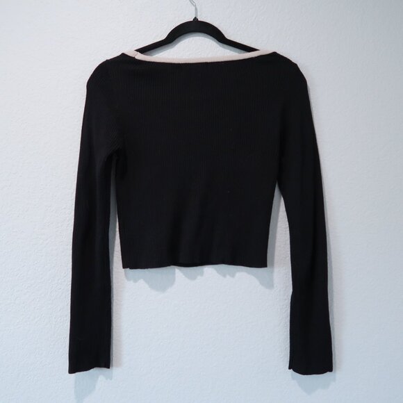 Say What Womens Cropped Top Knit Boat Neck Long Sleeve Black Shirt L - Picture 6 of 12